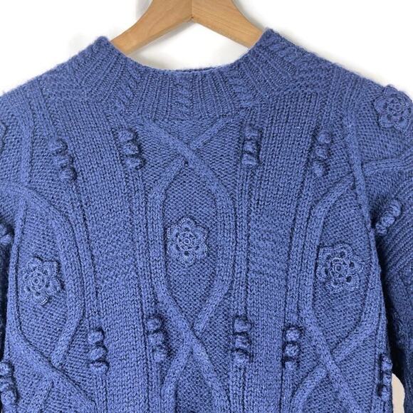 Women's 100% Wool Bobble Cable Sweater Blue Size S SIGNATURE by NORTHERN ISLES - Picture 3 of 7
